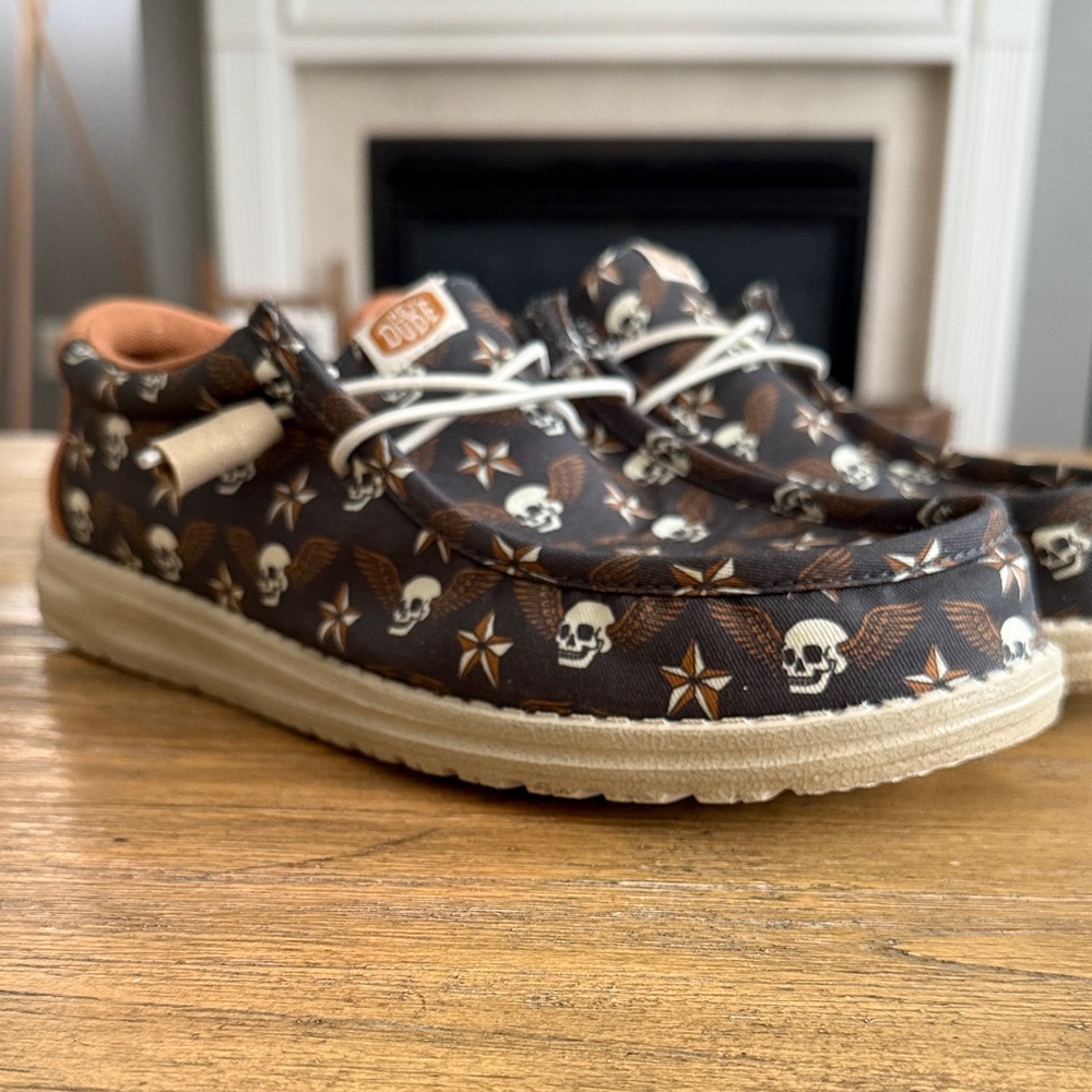 Hey Dude Moccasins in Brown Skull and Star Print